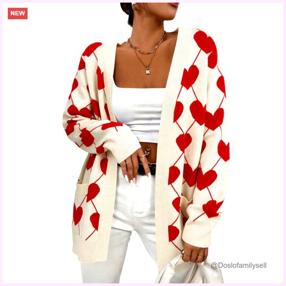 Sweaters - Heart Print Cardigan Open Front Knit Sweater Oversized Chic Valentine Love